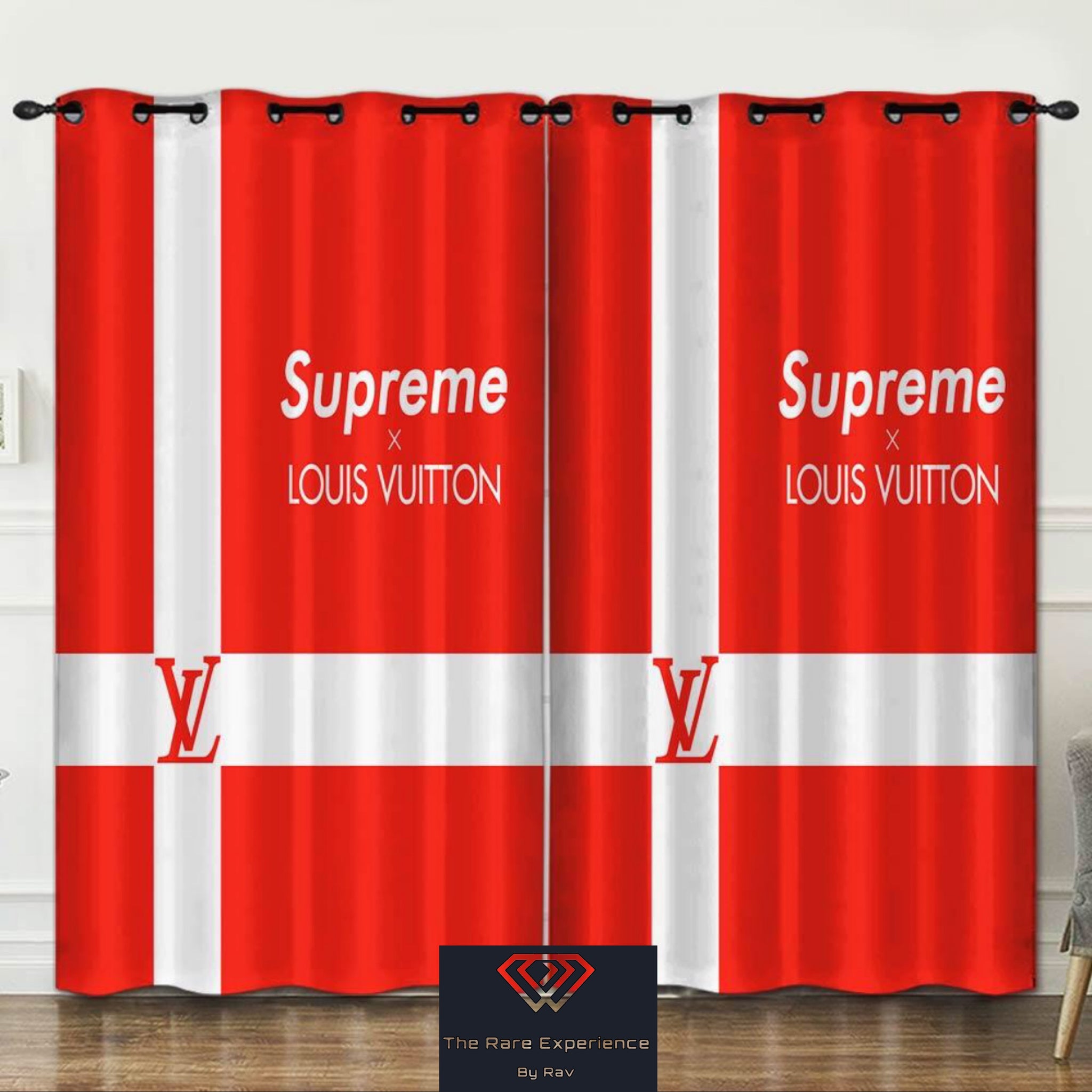 Louis Vuitton Supreme Red Black shower curtain bathroom set